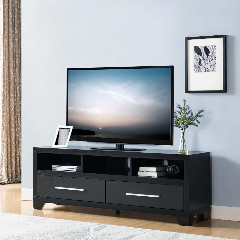 Polished Black TV Stand Three Shelves and Two Drawers Chic Storage Solution id usa
