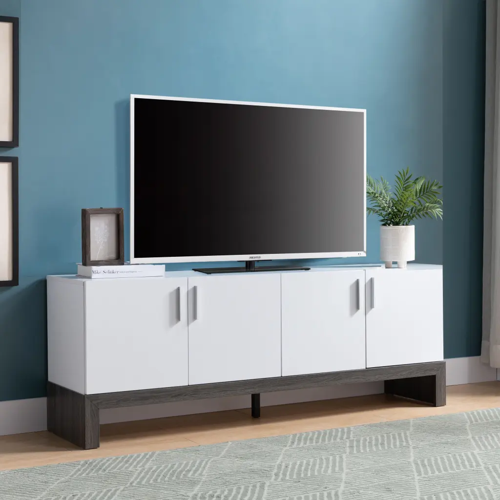 TV Stand White & Distressed Grey Four Door Cabinets and Metal Hinges id usa