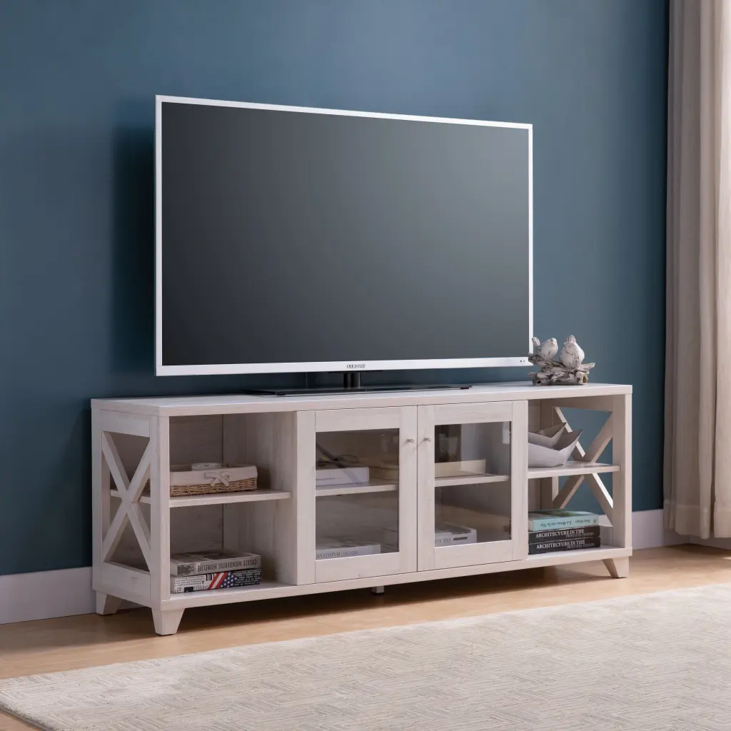 White Oak TV Stand Four Side Shelves and Center Transparent Cabinet Modern Design id usa