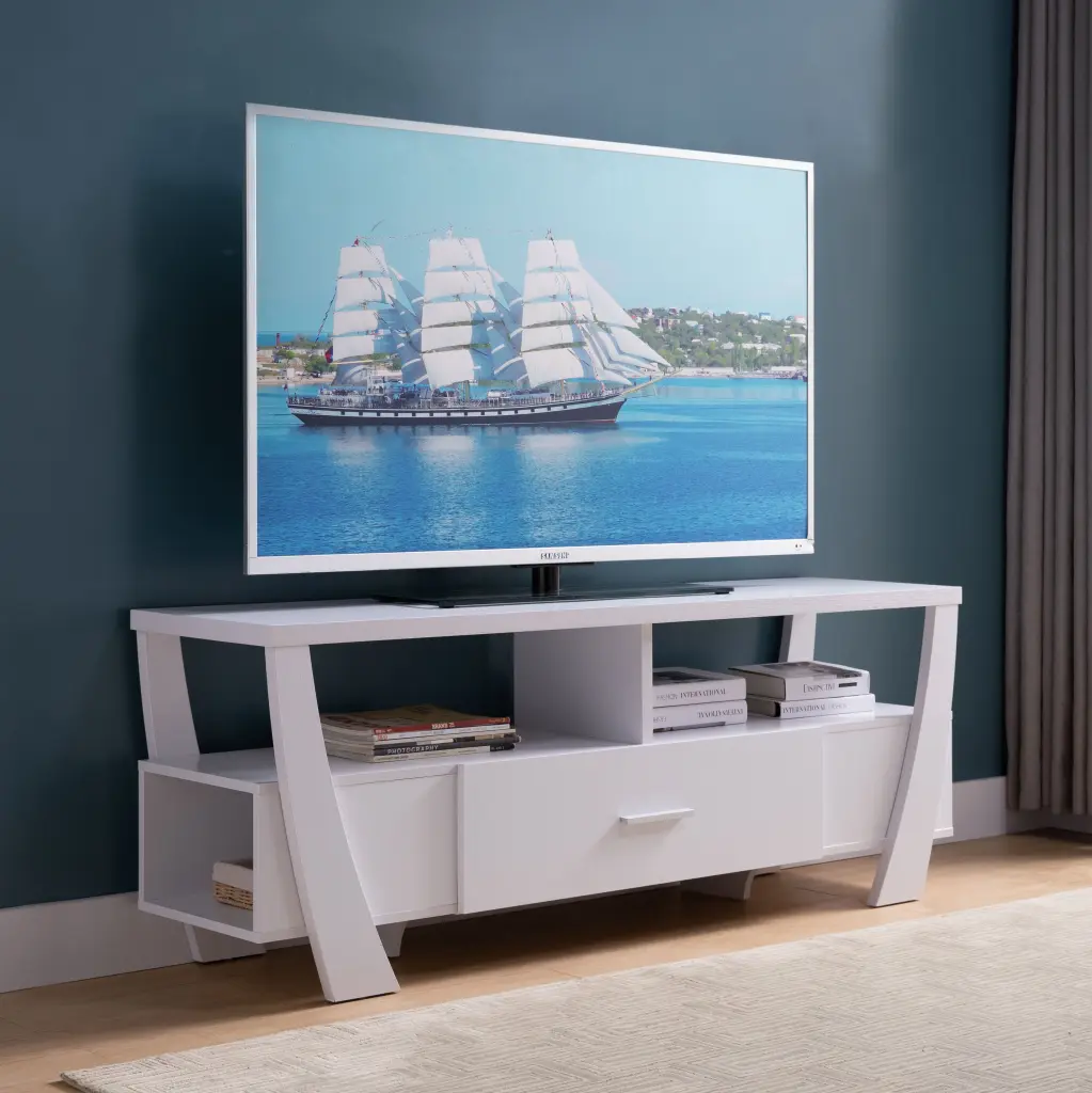 White TV Stand Two Shelves One Drawer and Side Shelf Modern Entertainment Center id usa