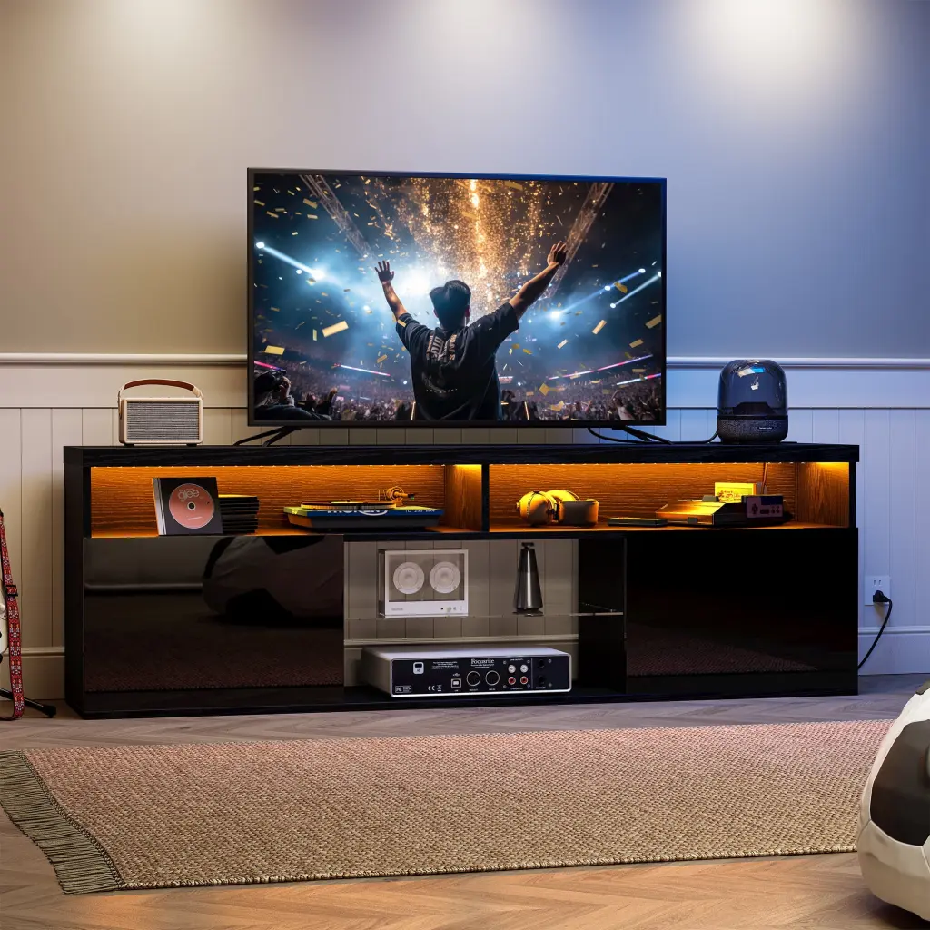 IRONCK Black TV Stand LED Lights and Glass Shelves 75 Inch TVs Modern Entertainment Center