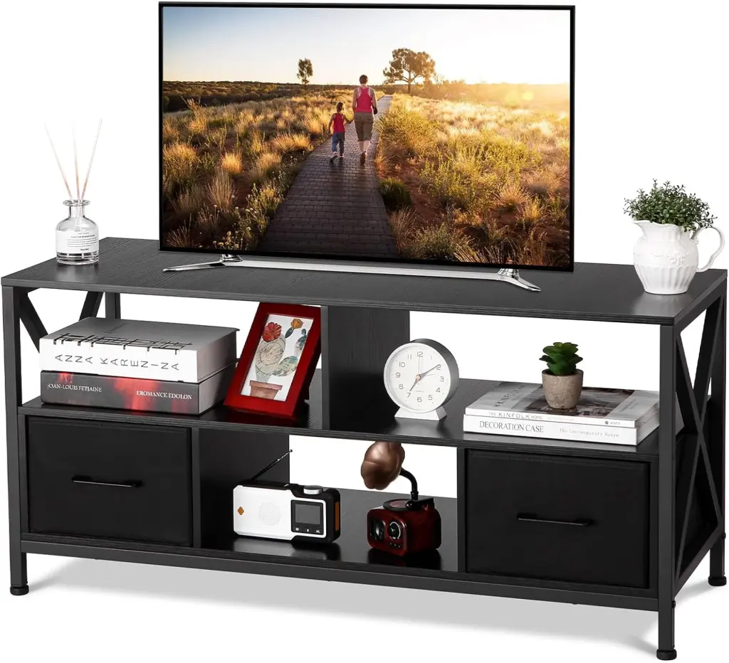 Jojoka TV Stand 50 Inch TV Entertainment Center Fabric Drawers and Open Shelves Black Modern Living Room Furniture