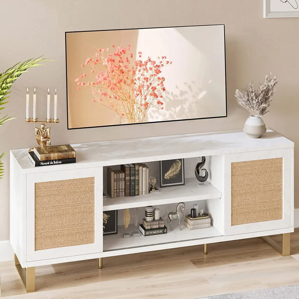 JOMILLY Modern TV Stand Natural Rattan Storage Doors and Brass Accents - Matte White and Gold Media Console