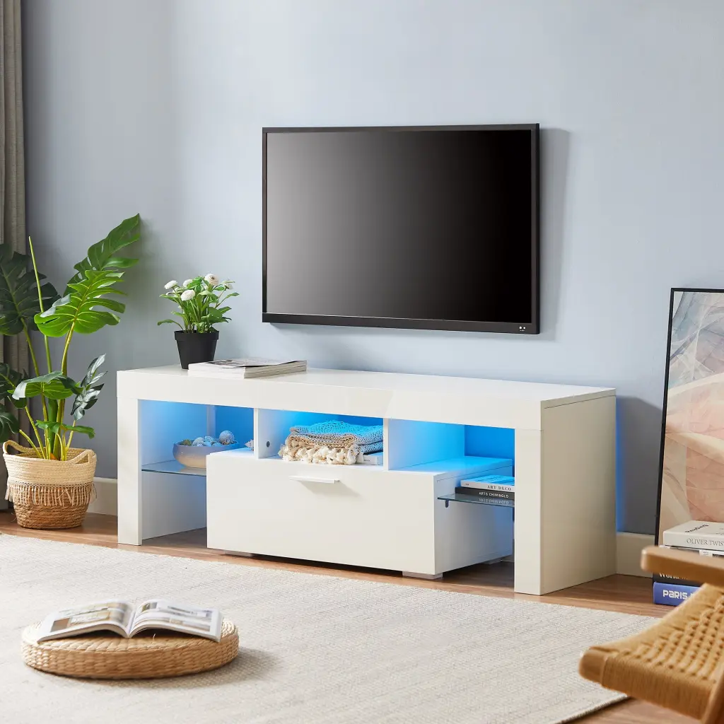 Modern White TV Stand LED Lights and Glass Shelves - Entertainment Center Media Console Kofun