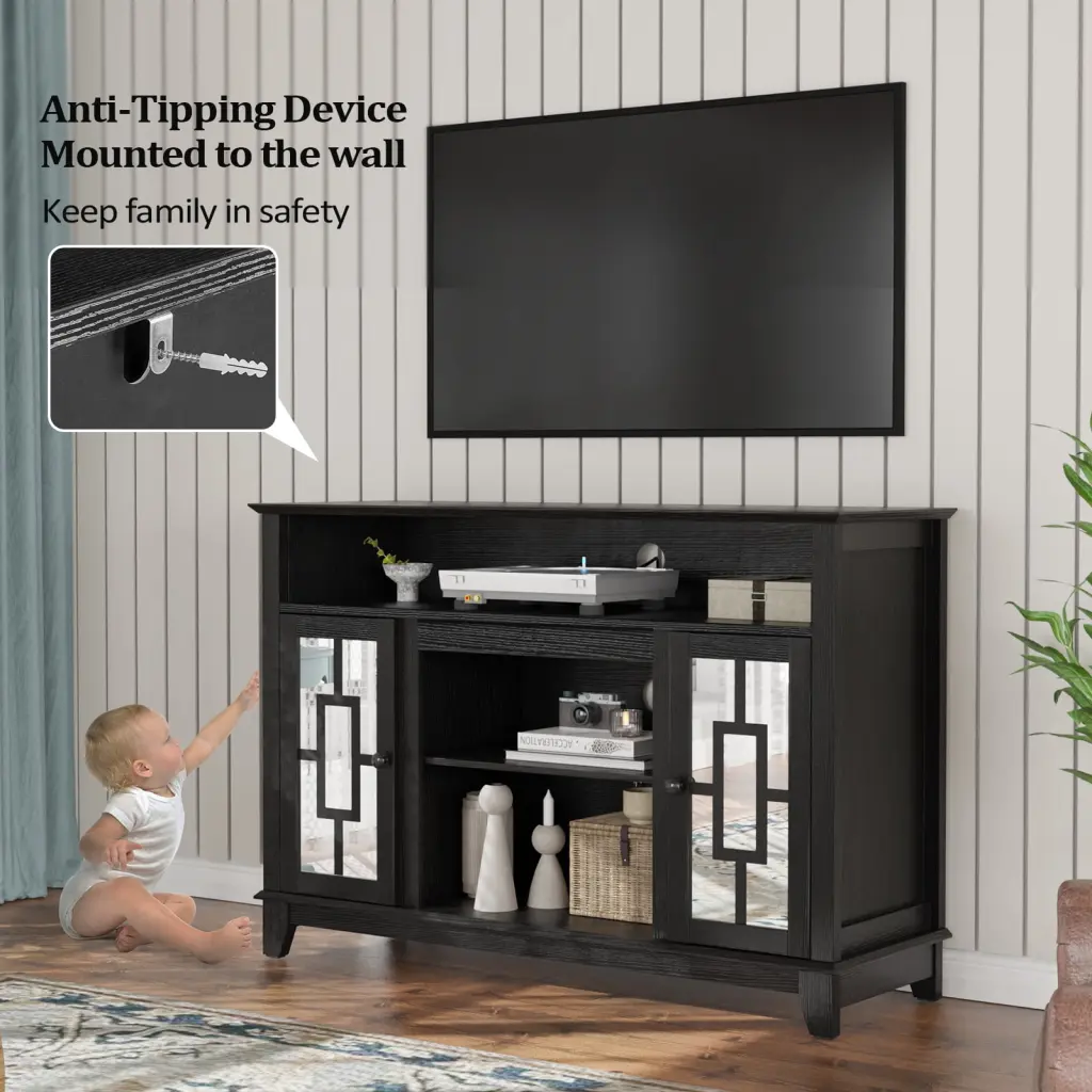 Ktaxon Retro Glass Storage TV Stand Up to 55 Inch TVs Black Media Cabinet