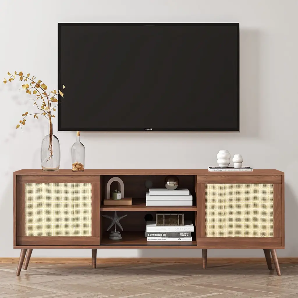 KUOESYN Modern TV Stand 65 Inch TVs Entertainment Center Rattan Door Wooden Media Console Walnut Color