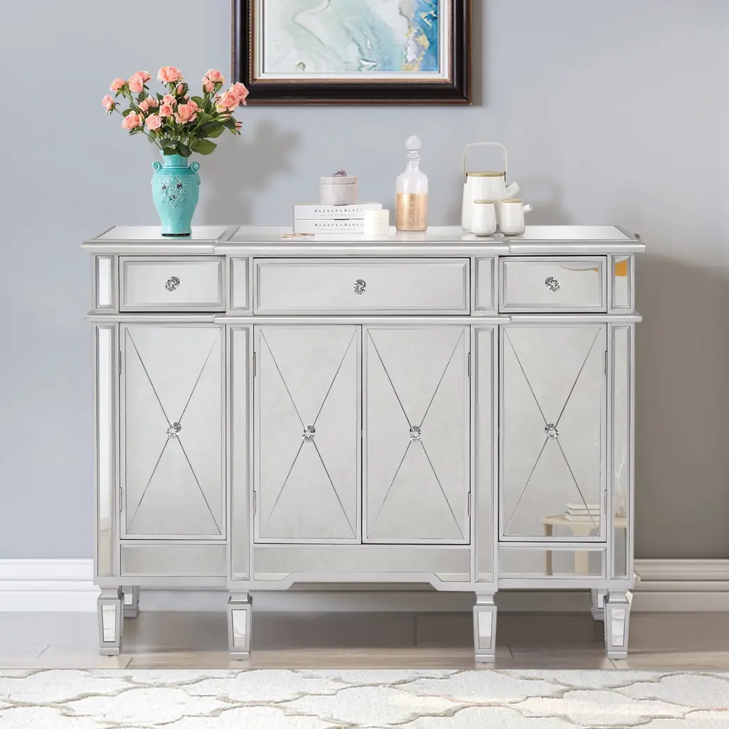 LivNxt Mirrored Finish Glass TV Stand 3-Drawers and 4 X-Shape Doors