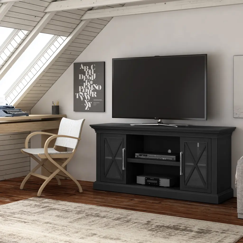 Luxe Society Hill TV Stand 65 Inch TVs Side Cabinets and Open Shelves - York Black Luxe by TSI