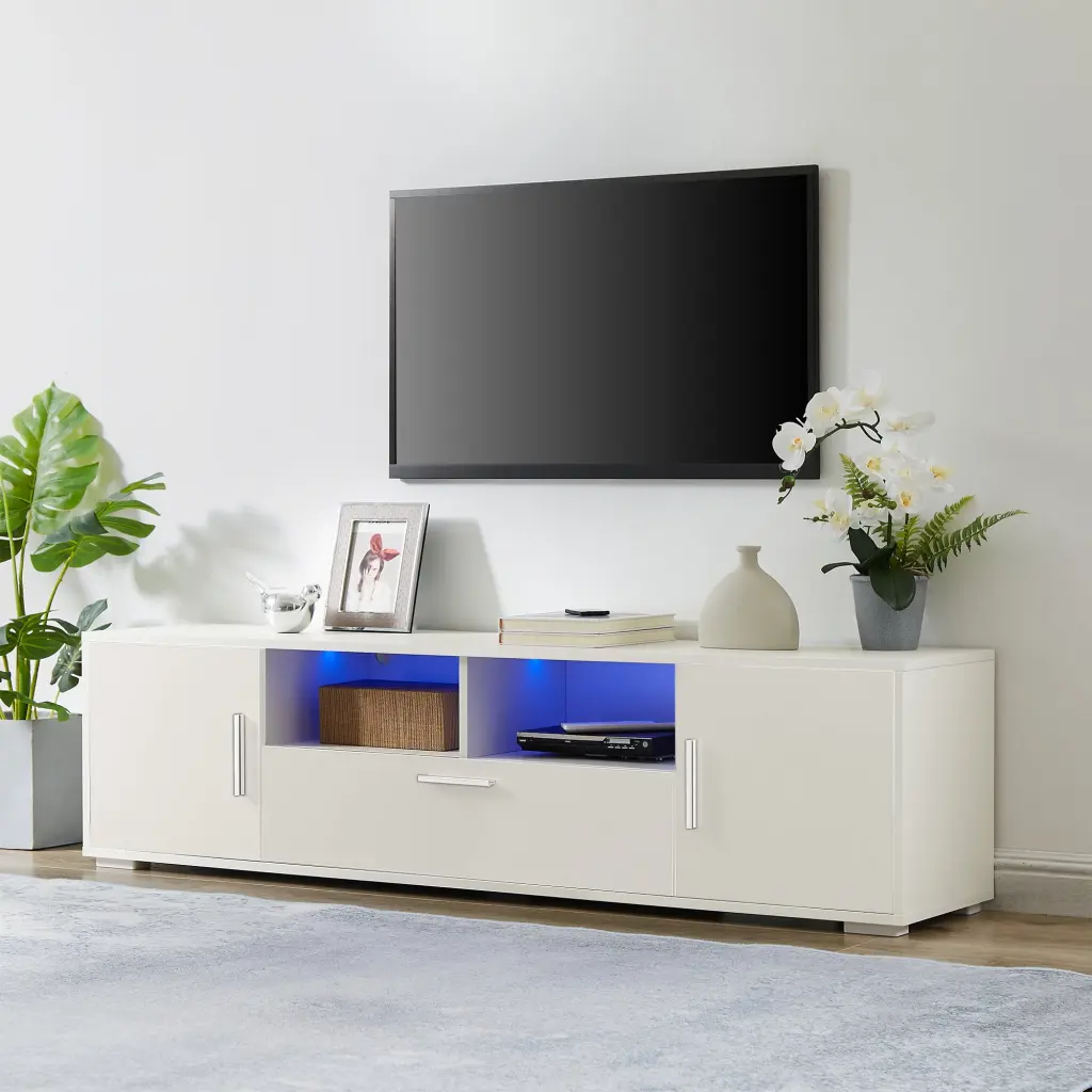 Quick Assemble White Modern TV Stand LED Lights High Glossy Front Cabinet Living Room or Bedroom Miekor