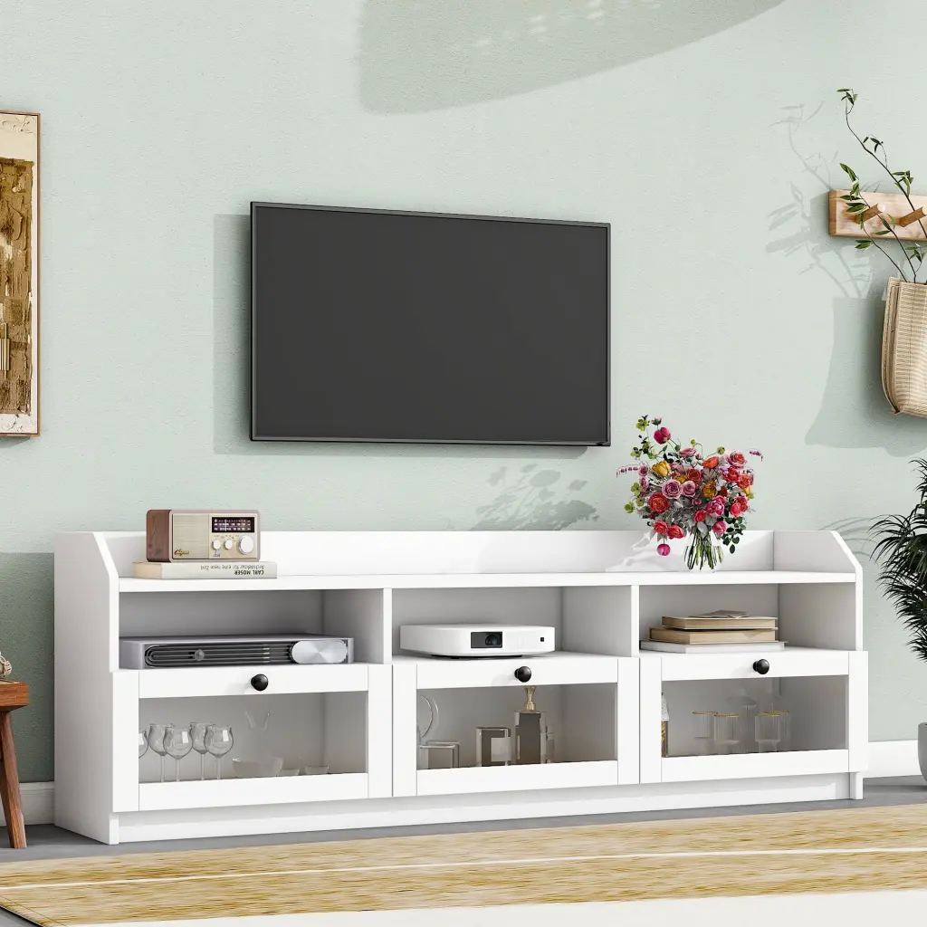 Sleek Modern TV Stand TVs Up to 65 Inch Ample Storage Space and Acrylic Board Door White Media Console MISSUNNY