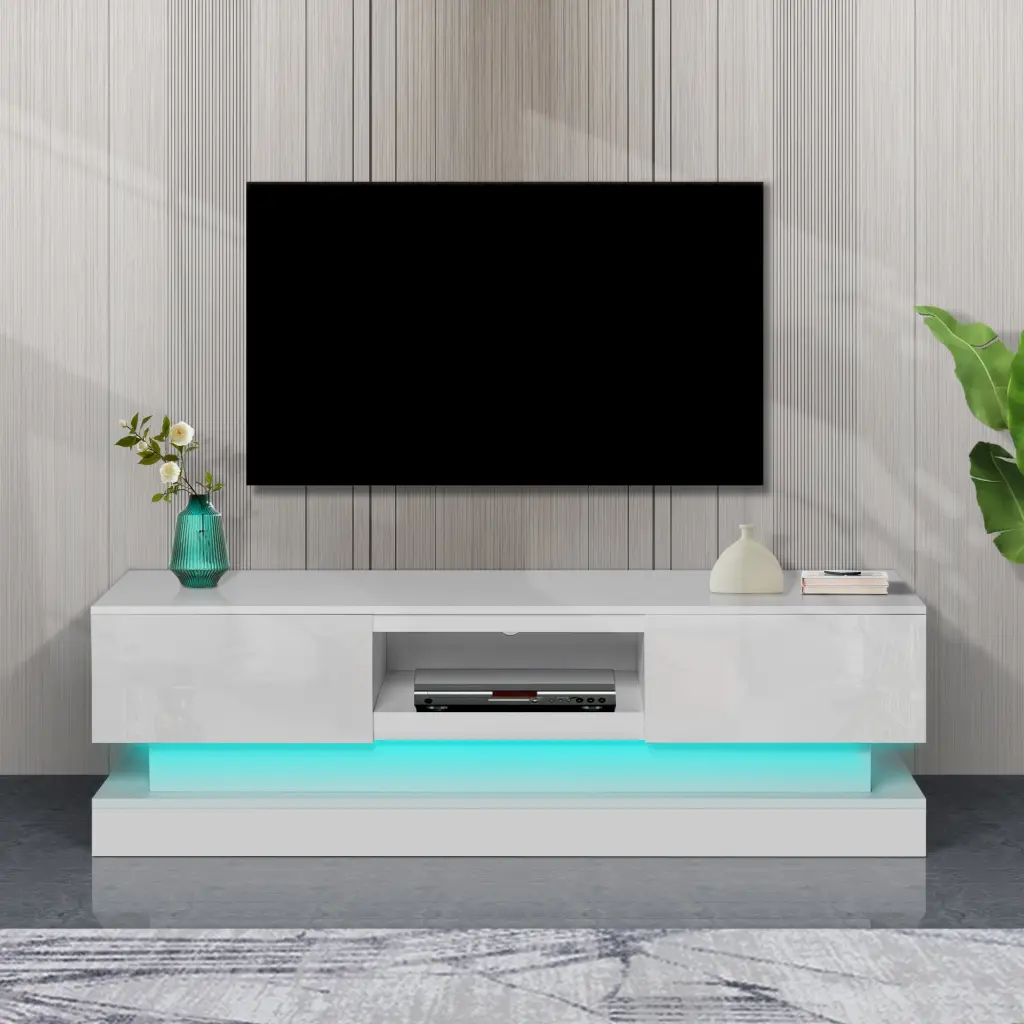 51.18 Inch White Modern TV Stand LED Lights High Glossy Front Cabinet Living Room or Bedroom OMCCHK