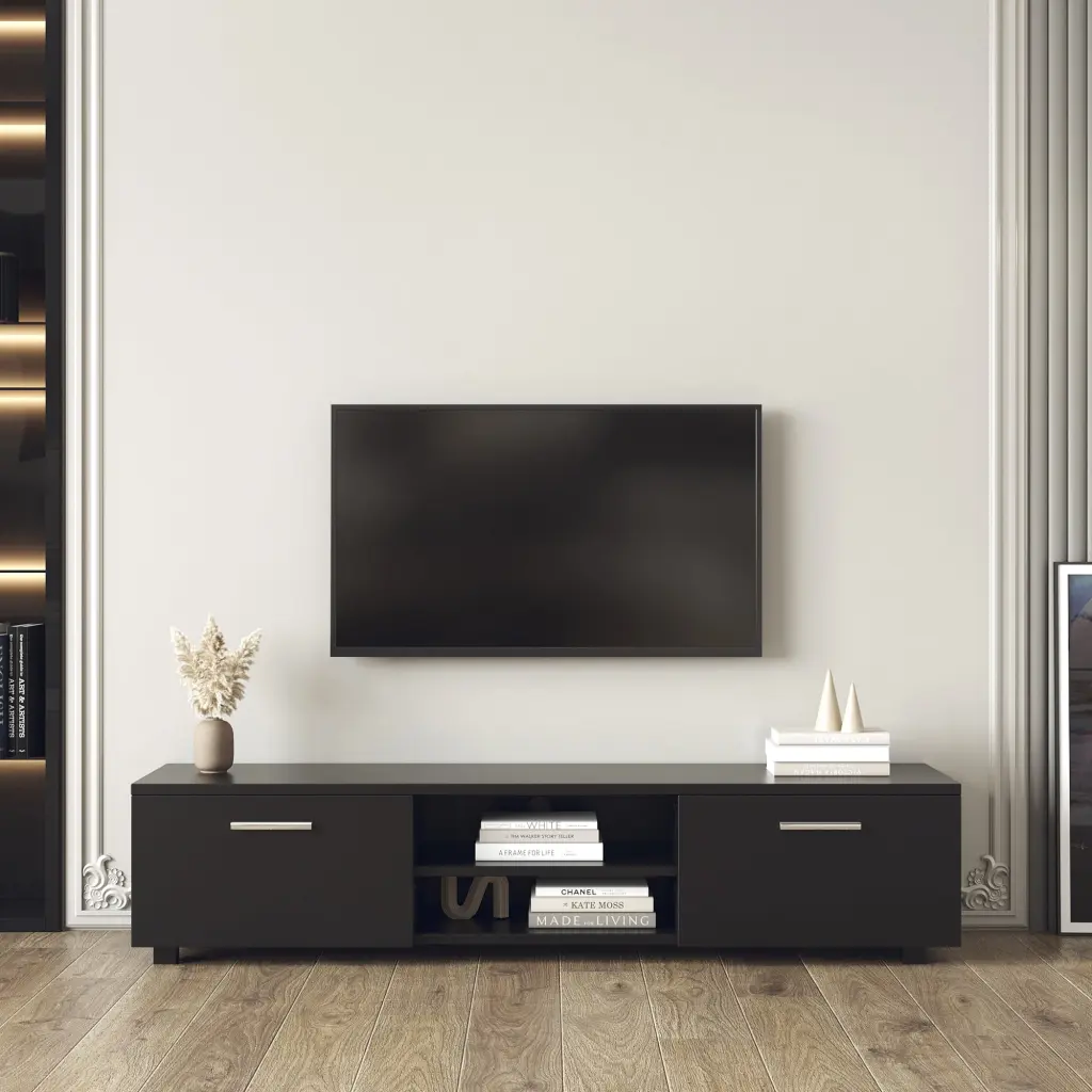 Black TV Stand 70 Inch TVs Media Console 2 Storage Cabinets and Open Shelves OMCCHK