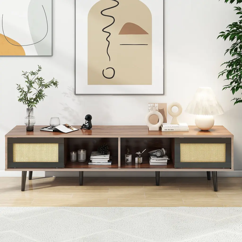 Mid Century Modern TV Stand TVs up to 70 Inches Entertainment Center Rattan Sliding Doors Walnut OMCCHK