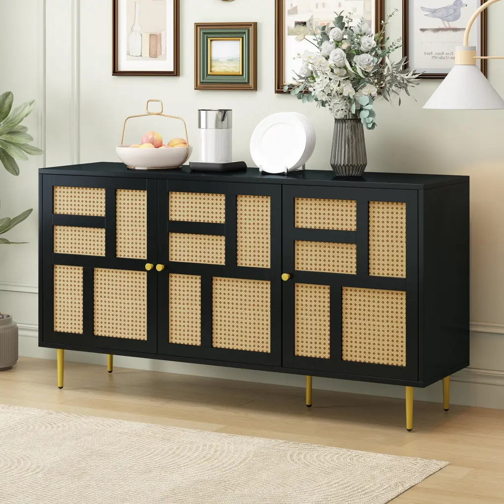 Modern TV Stand Rattan Door 55 Inch TVs Adjustable Shelves Storage Cabinets Living Room Entertainment Center OMCCHK