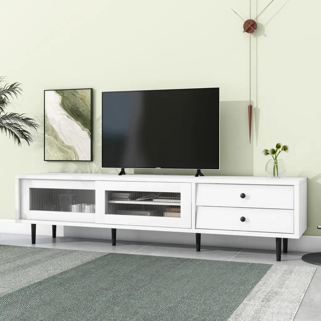 ON-TREND Chic Elegant TV Stand Sliding Fluted Glass Doors and Slanted Drawers TVs up to 75 Inches - White Modern Media Con...