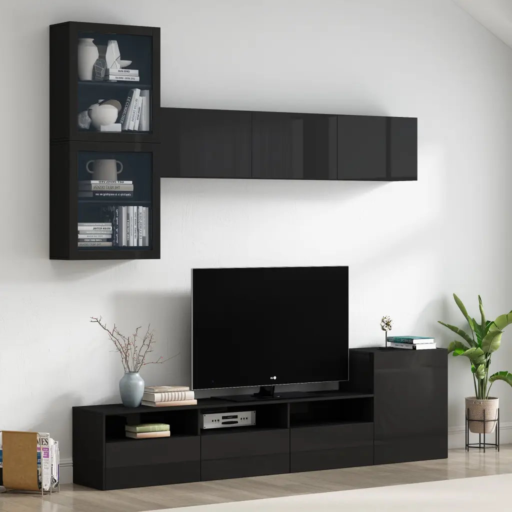 ON-TREND High Gloss Black TV Stand Wall Mounted Storage 78 Inch TVs OMCCHK