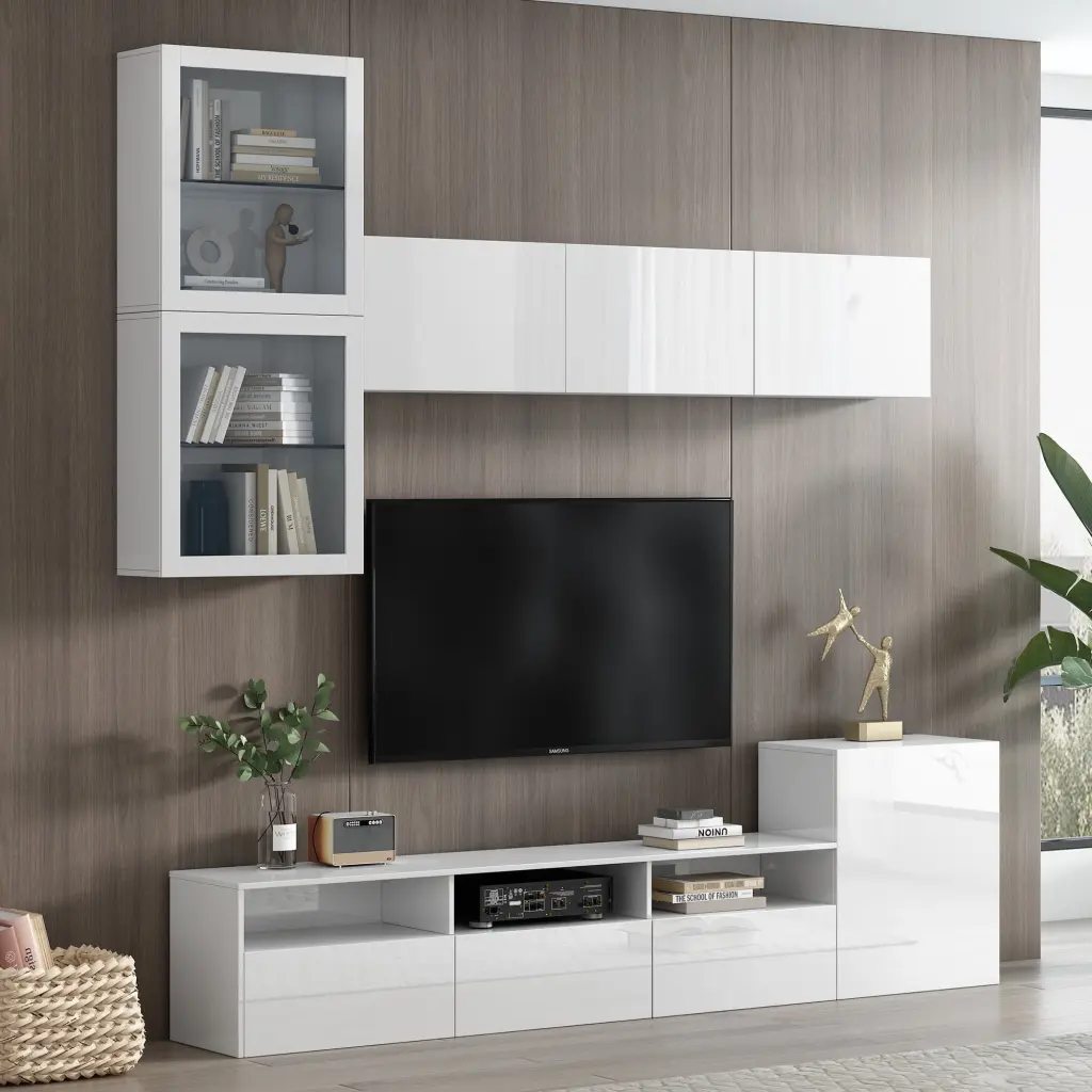 ON-TREND High Gloss White TV Stand Floating Storage Cabinets TVs Up to 78 Inches OMCCHK