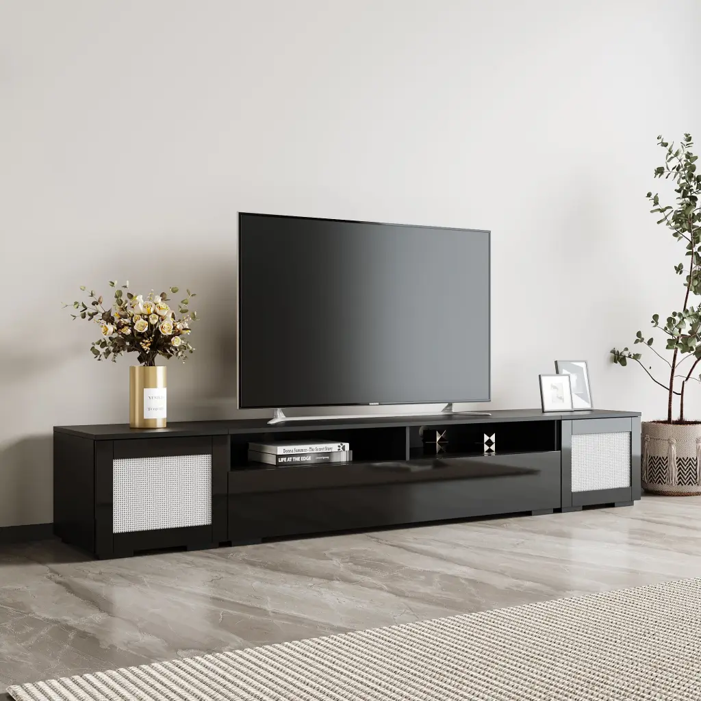 ON-TREND Rattan Style TV Stand Push to Open Doors and Color Changing LED Lights - 3-Piece Extended Console TVs Up to 90 In...