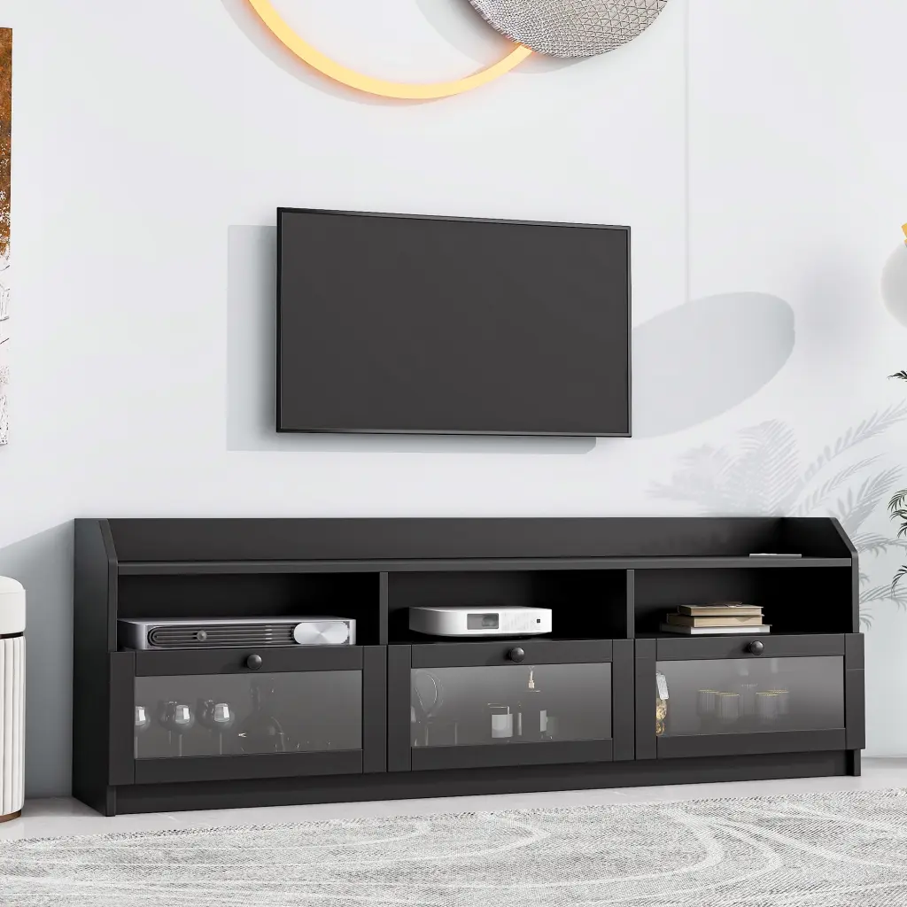 ON-TREND Sleek Modern TV Stand Acrylic Board Door and Black Handles TVs up to 65 Inches - Black Media Console OMCCHK