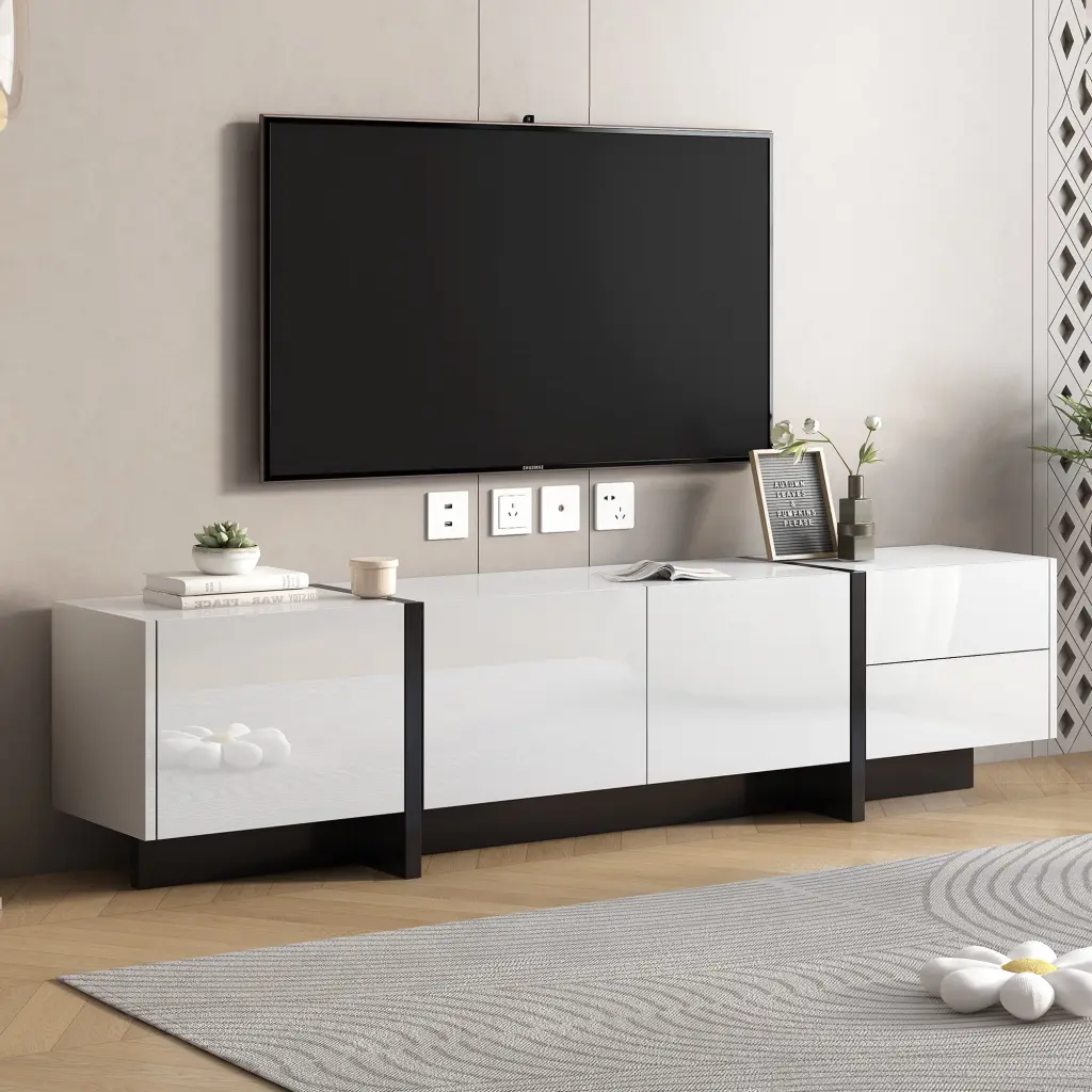 ON-TREND White and Black Contemporary Rectangle TV Stand TVs up to 80 Inches - Modern High Gloss UV Surface TV Console OMCCHK