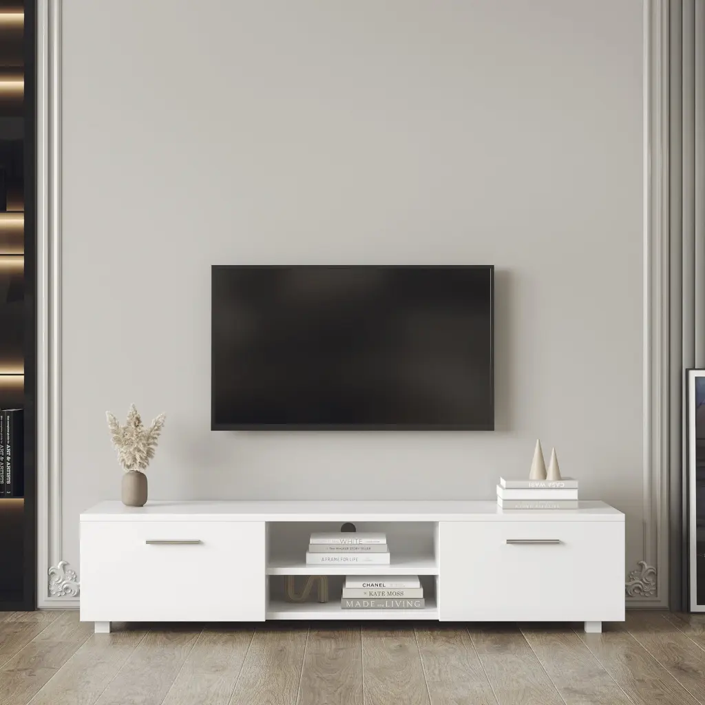 White TV Stand 70 Inch TVs Media Console 2 Storage Cabinets and Open Shelves OMCCHK