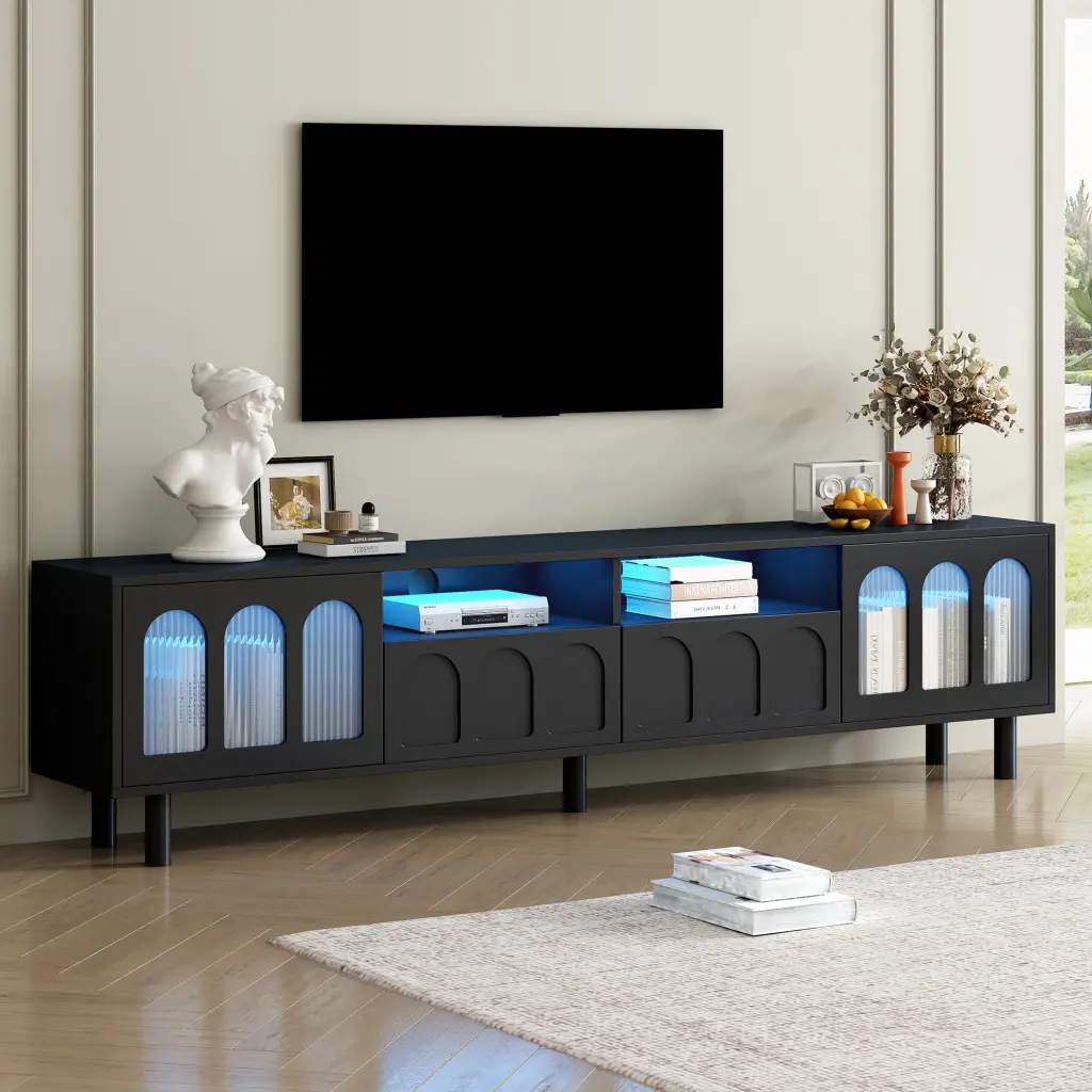 Cream Style TV Stand LED Light Strip TVs Up To 80 Inches Graceful Design on-trend