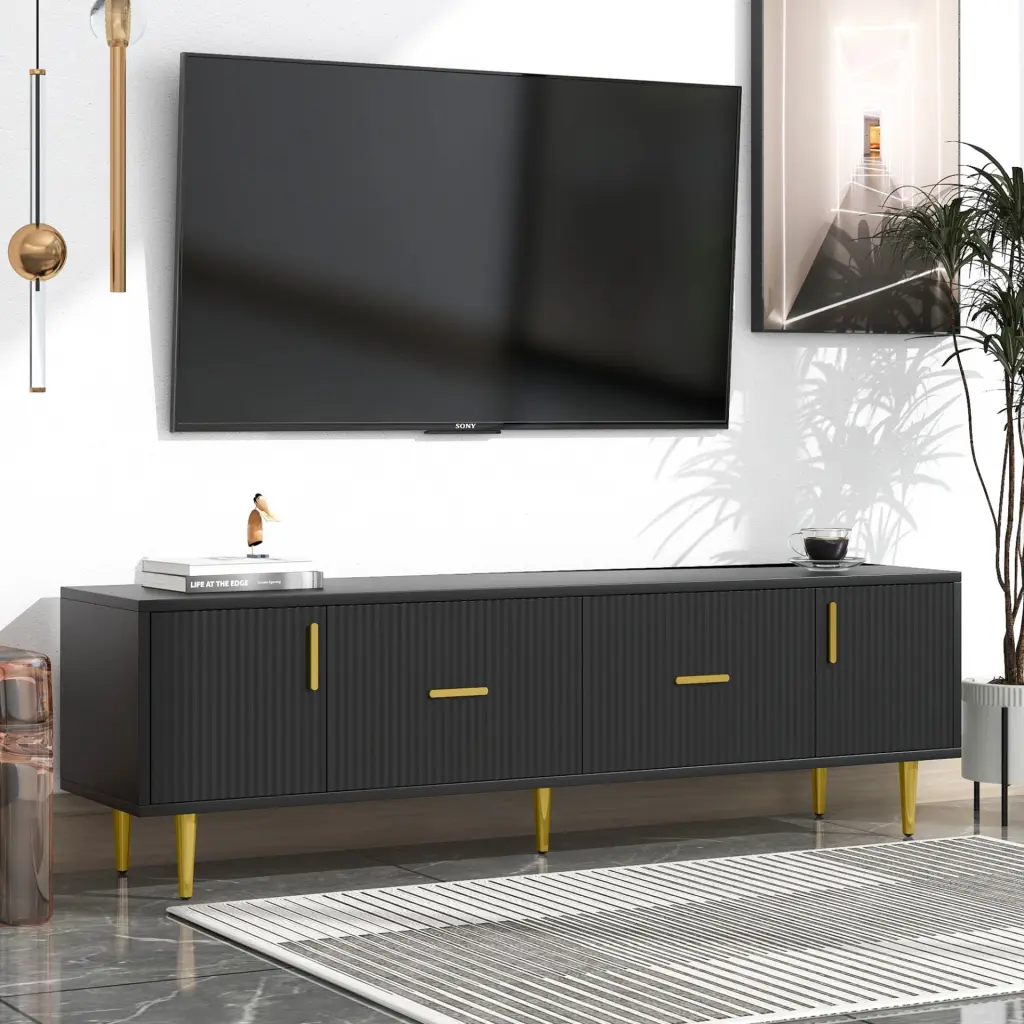 Black Modern TV Stand 5 Elegant Champagne Legs TVs Up to 75 Inch Ponnky