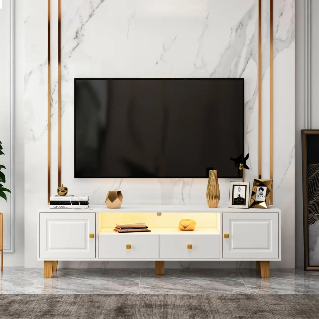 White Antique Design TV Stand LED Remote Control Light and Solid Wooden Legs 65 Inch TVs Ponnky