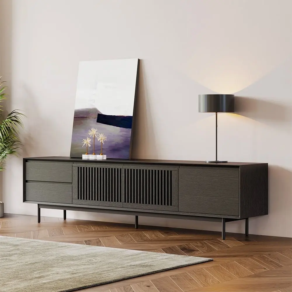 POVISON 94.5 Modern Black TV Stand Minimalist Media Console Slatted Doors 2 Drawers 3 Cabinets Oak Veneer
