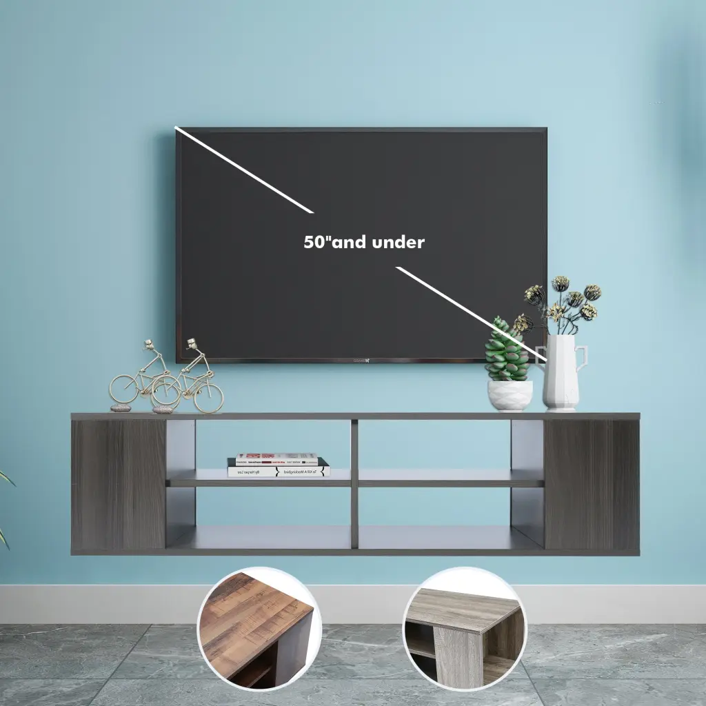 PUDO Wood Dark Grey Wall Mounted TV Stand 65 Inch TV 2 Height Adjustable Drawers Modern Media Console