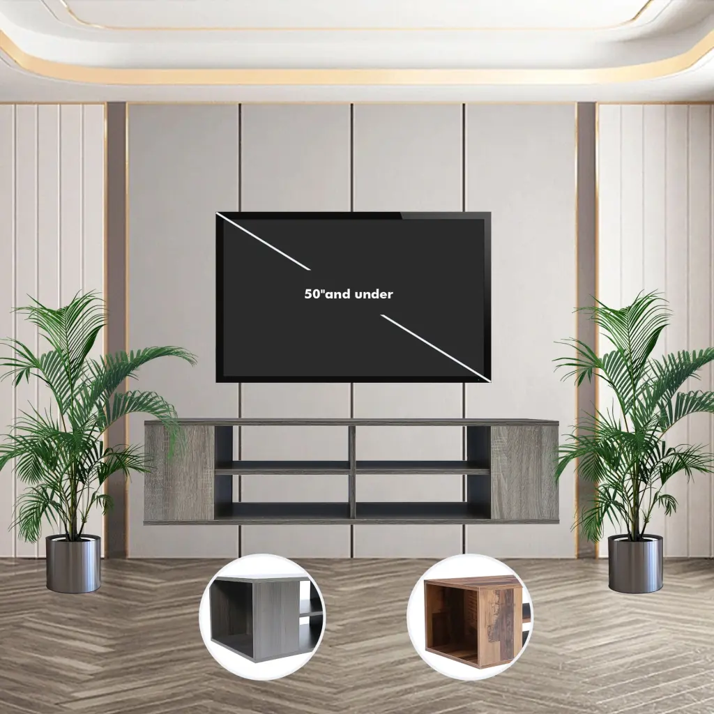 PUDO Wood Grey Wall Mounted TV Stand 65 Inch TV 2 Height Adjustable Drawers Modern Media Console