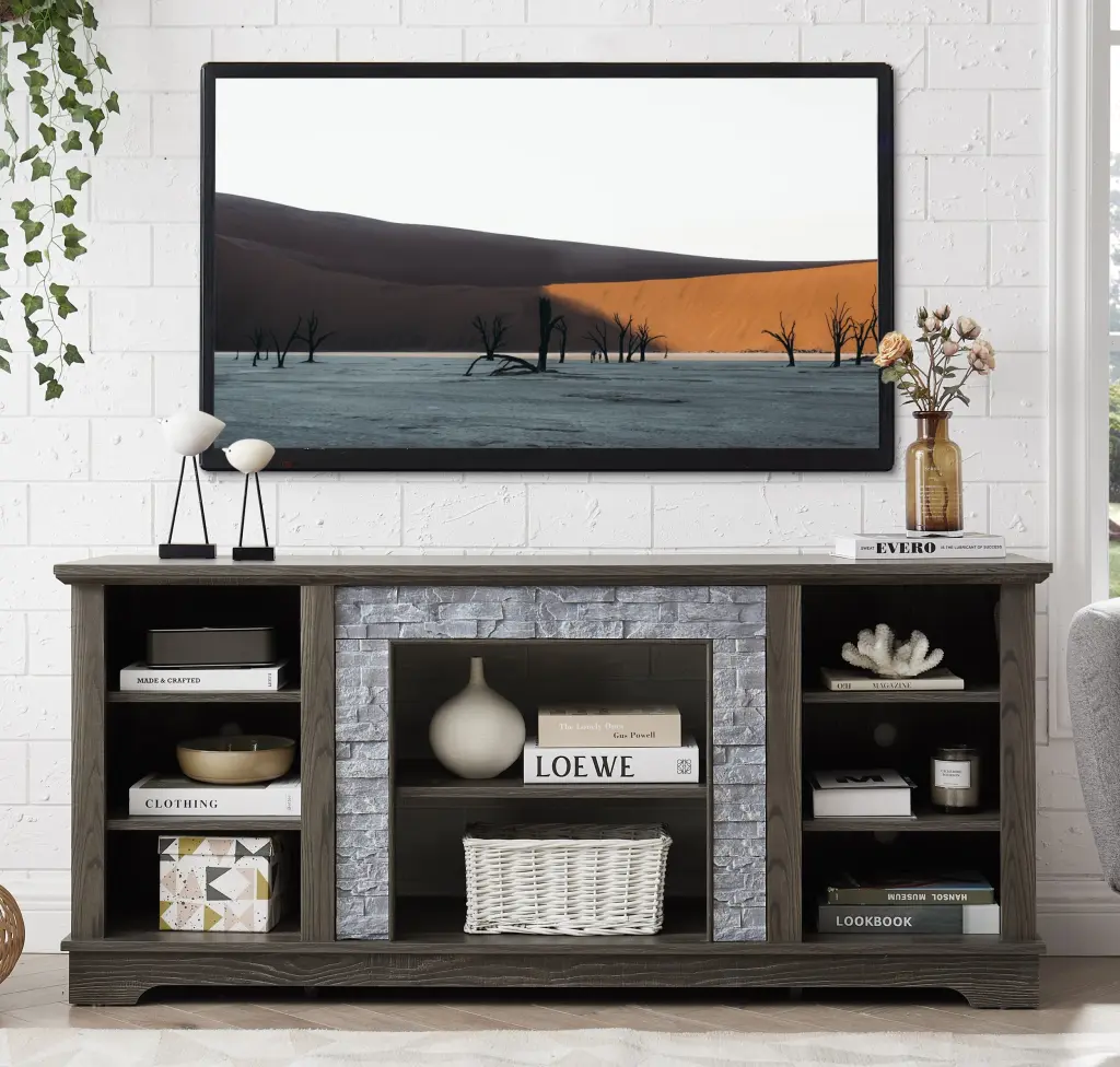 Mantel Stone TV Media Stand Faux Stacked Stone Surround rnb