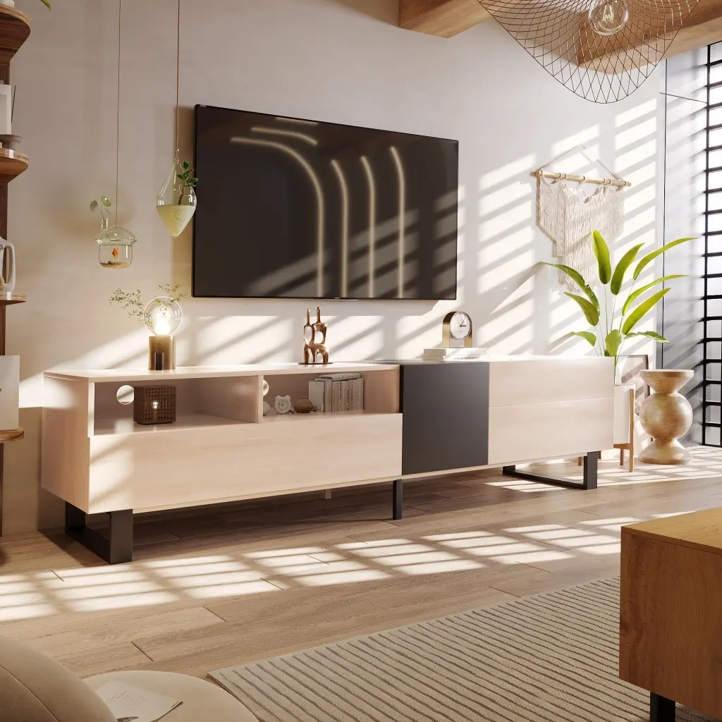Modern TV Stand 80 Inch TV Double Storage Space Media Console rnb