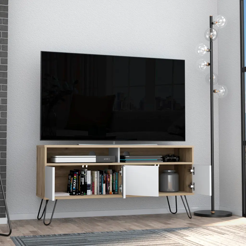 Vassel TV Stand Hairpin Legs, Double Cabinets, and Aged Oak Top rta muebles colombia