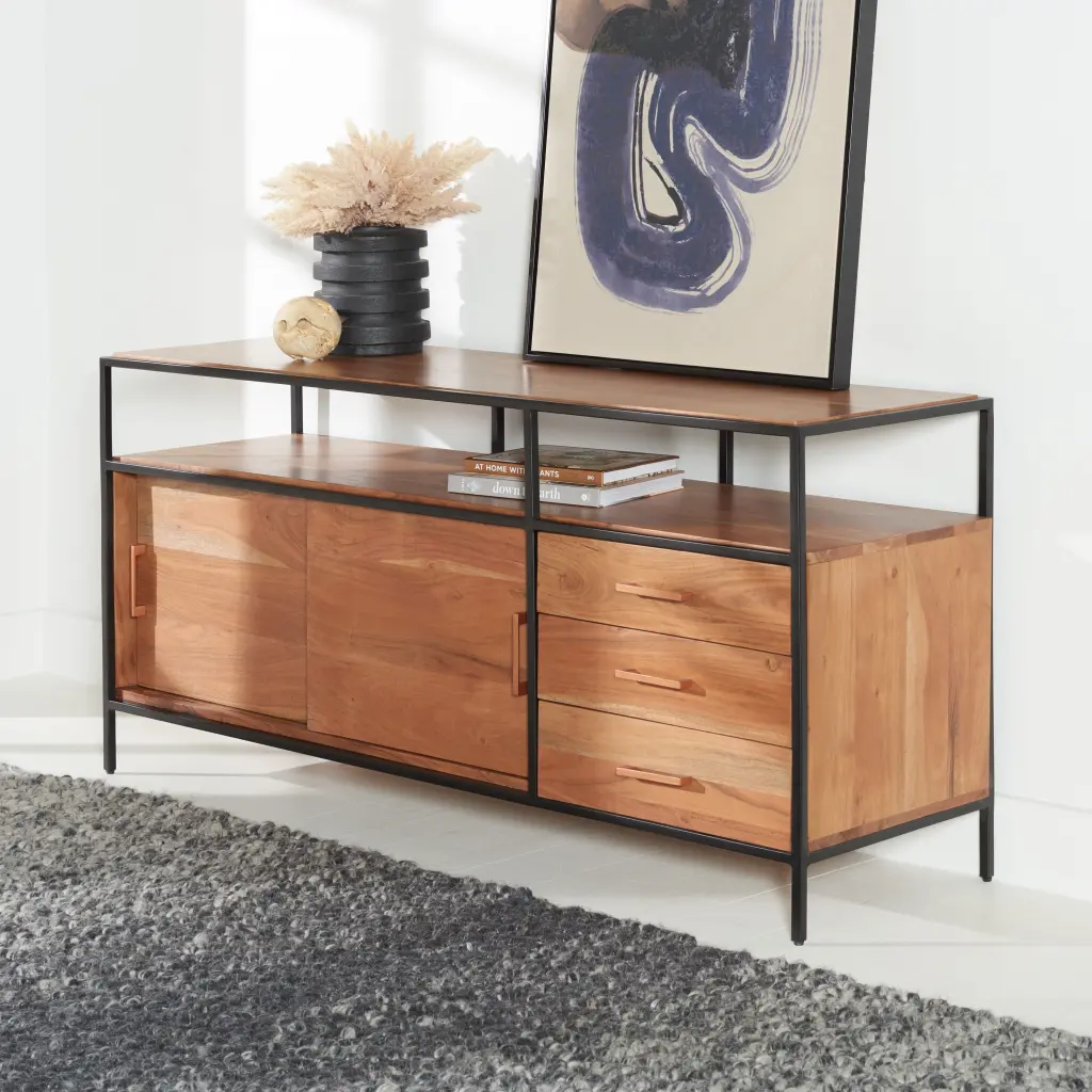 SAFAVIEH Couture Angelice Modern Television Stand TVs up to 65 Inches Light Walnut and Black
