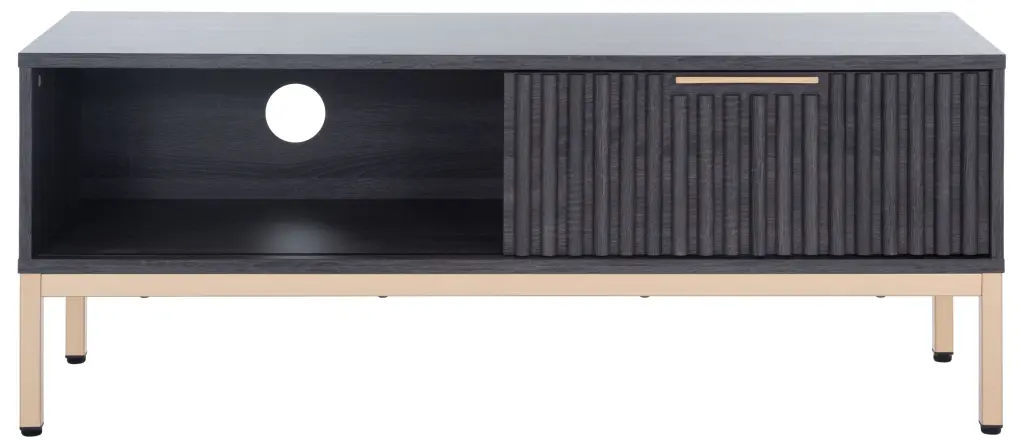 SAFAVIEH Lylia 1 Door Media Stand Distressed Black Gold Legs Gold Handle