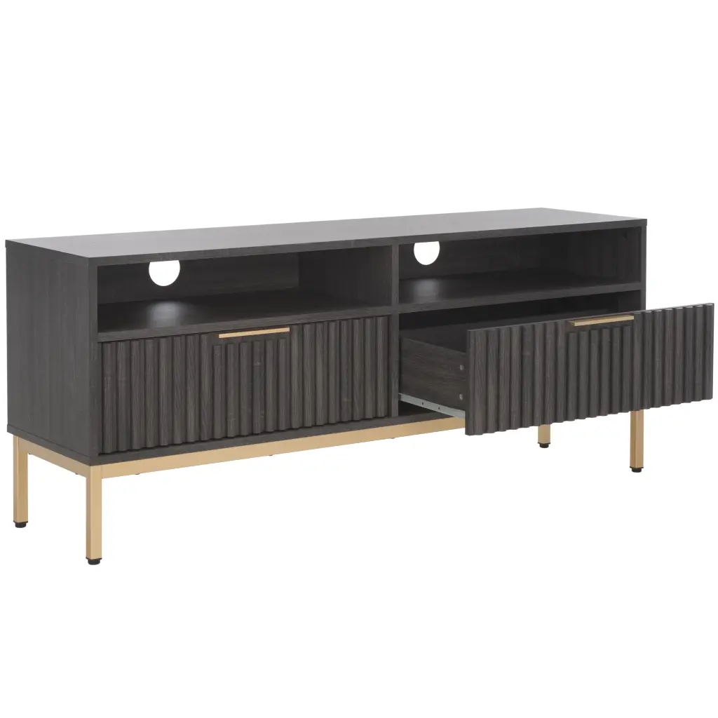SAFAVIEH Lylia 2 Drawer 2 Shelf Media Stand Distressed Black Gold Legs and Handles