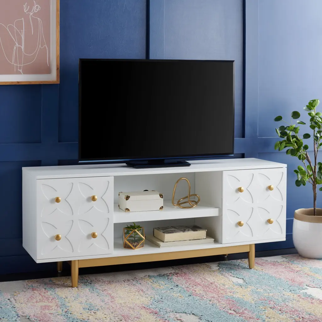 SAFAVIEH Ottoline 3 Shelf White Gold Media Stand 54x15x22 Inches Patterned TV Console