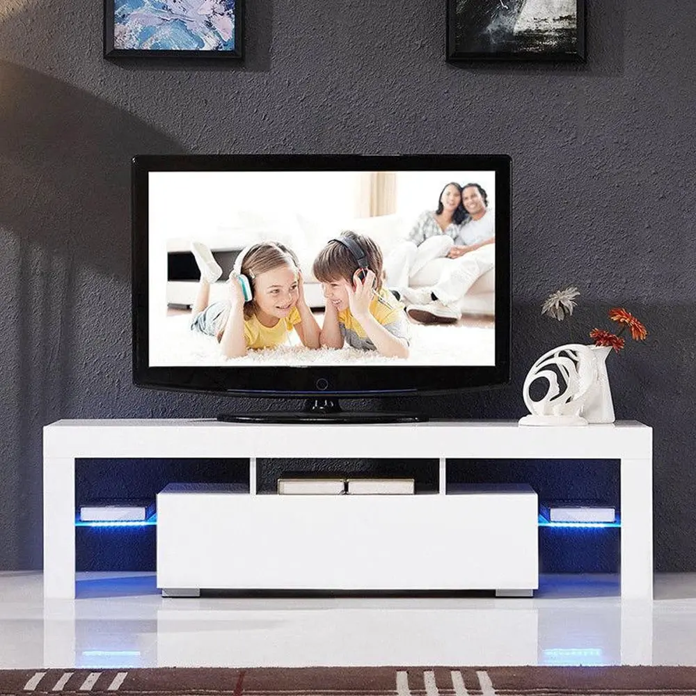 SamyoHome Modern LED TV Unit Cabinet Stand Shelf Table Free Storage Drawer Entertainment Center White