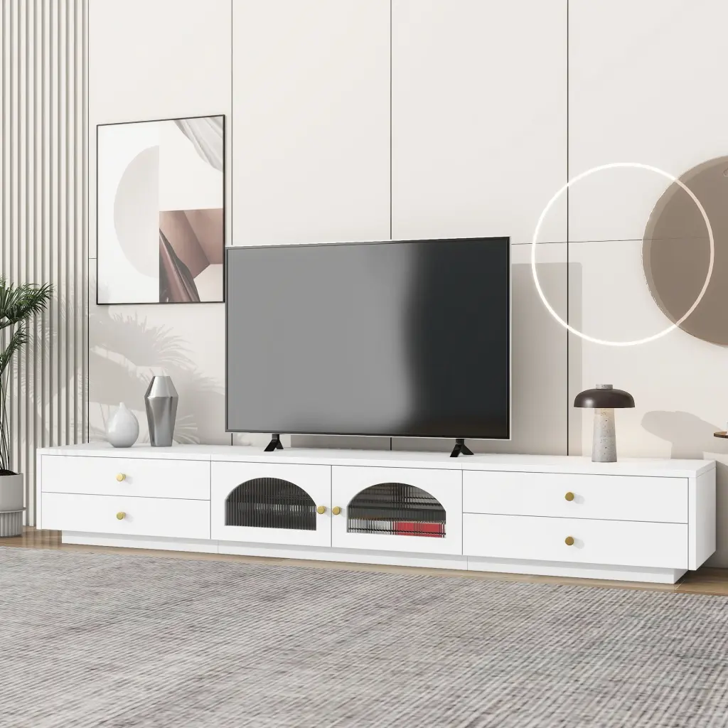 Elegant Modernist TV Stand 95 Inch TVs Fluted Glass Door Cabinet and 4 Drawers White SEALODY