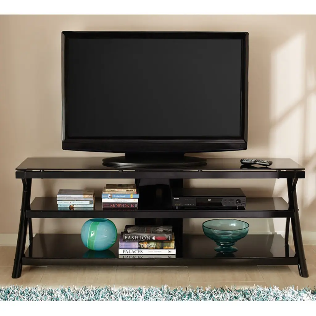 Cyndi TV Console Black Metal Legs and Smoked Glass Shelves Steve Silver Company
