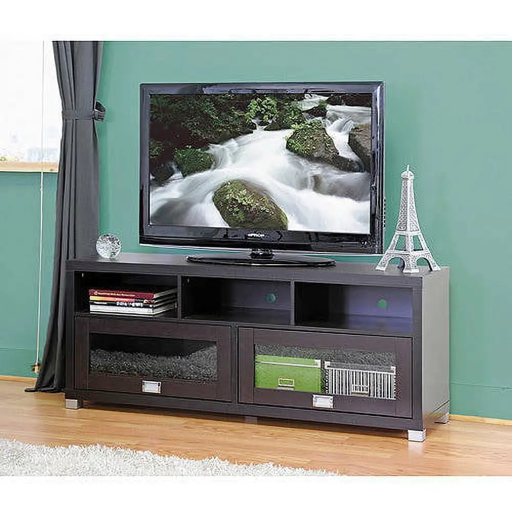 Swindon Modern Dark Brown TV Stand Glass Doors 60 Inch TVs - Stylish Entertainment Center Living Room