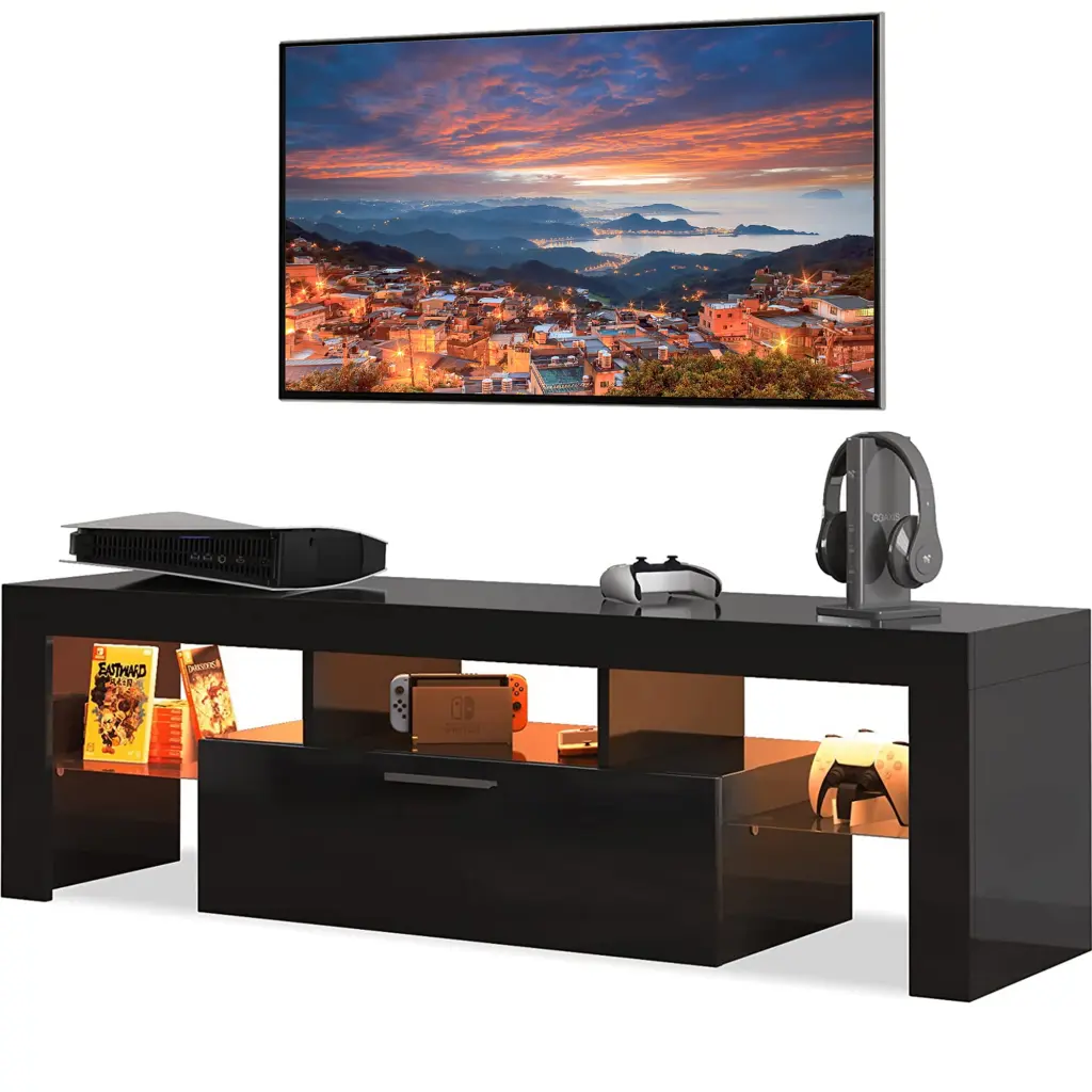 Black TV Stand Living Room up to 55 TV 16-Color LED Lights High Glossy Finish Syngar