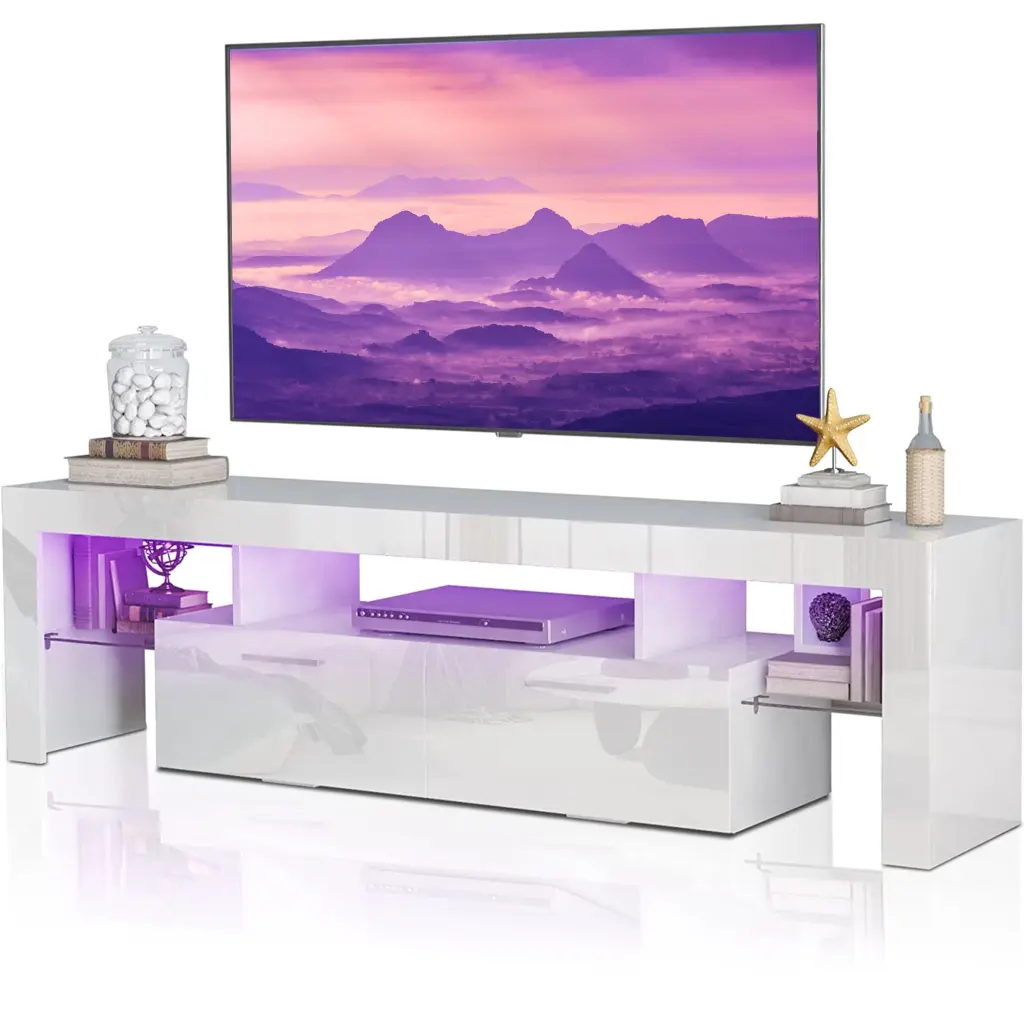 White TV Stand Living Room up to 70 Inches Modern TV Console Table Buffet Cabinet Storage High Glossy Finish 16-Color LED ...
