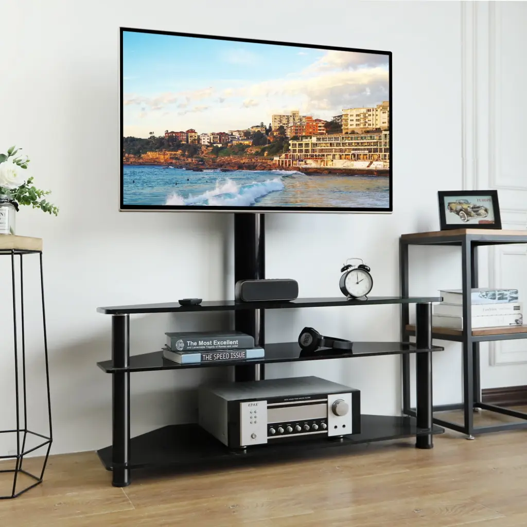Modern 3--1 Flat TV Stand 75 Inch TVs Black Glass Shelves and Swivel Mount TAVR