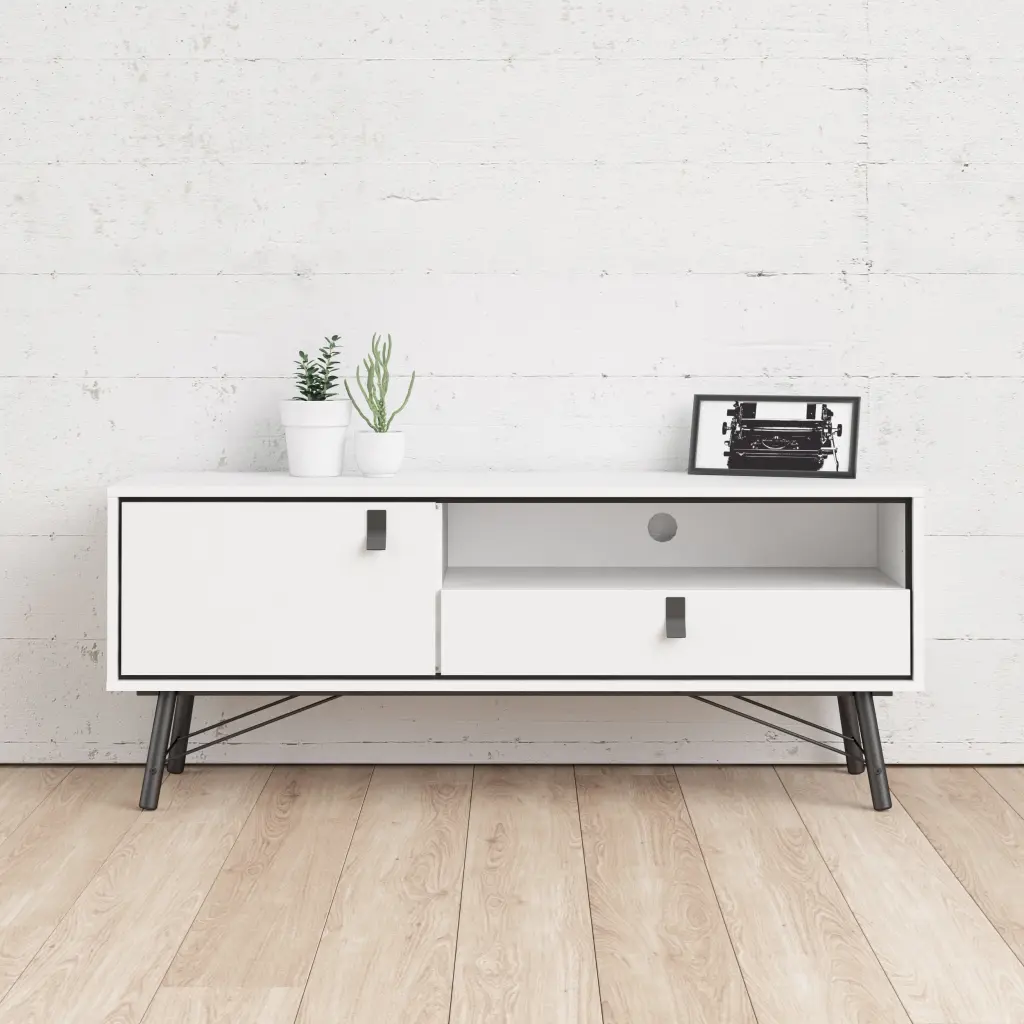 Tvilum Ry 1 Door 1 Drawer TV Stand Open Shelf White Matte and Black