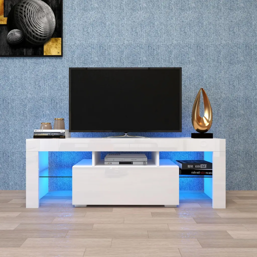 UBesGoo 51 Inch Modern TV Stand LED Lights High Glossy Cabinet and Storage Drawer White