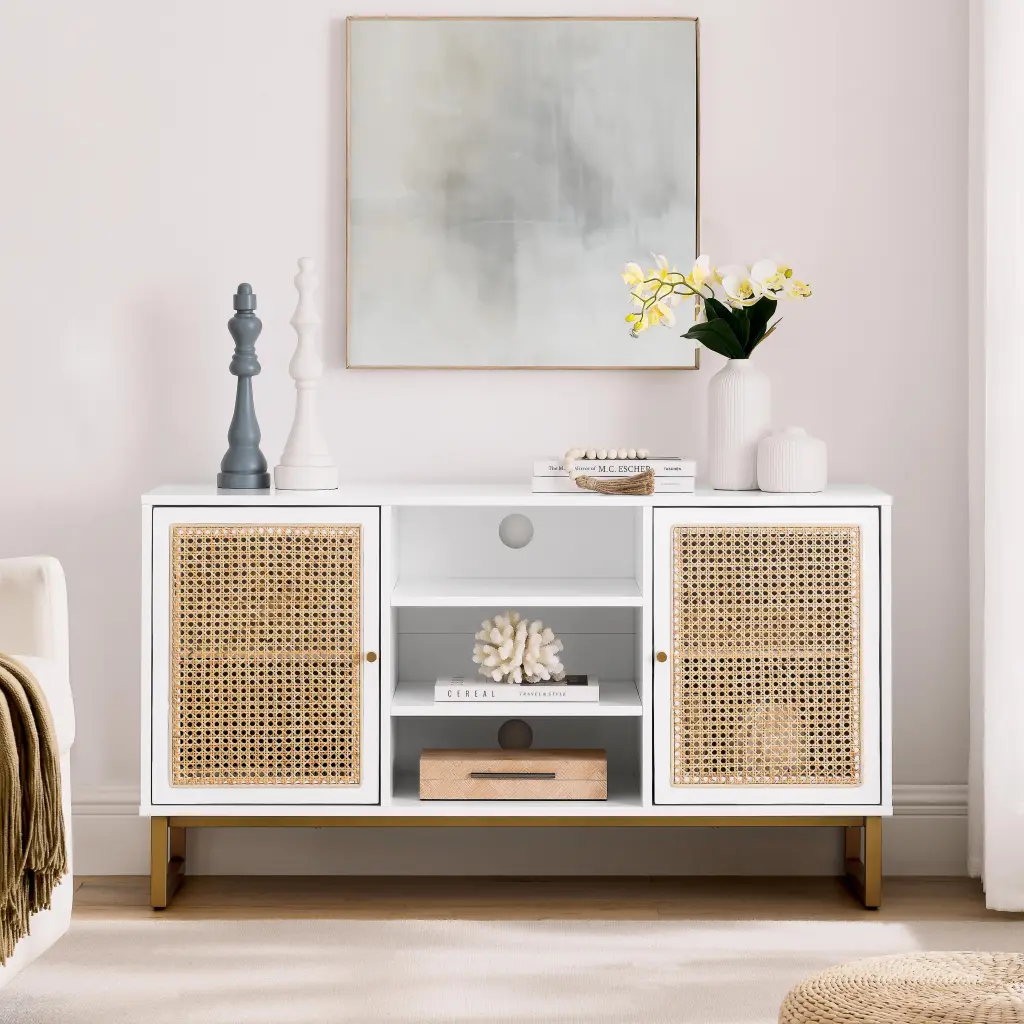 UBesGoo 47 Inch Rattan TV Stand Mid Century Modern Entertainment Cabinet