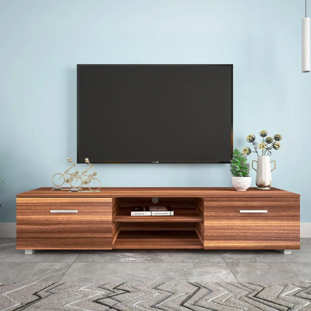 UBesGoo Modern TV Stand 70 Inch TV 2 Door Storage and Open Shelves Wood Finish Media Console