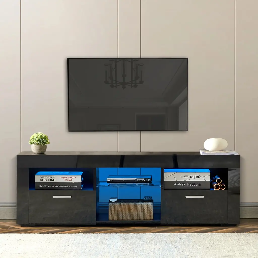 Black Modern TV Stand LED Lights High Glossy Front TV Cabinet Living Room unknown